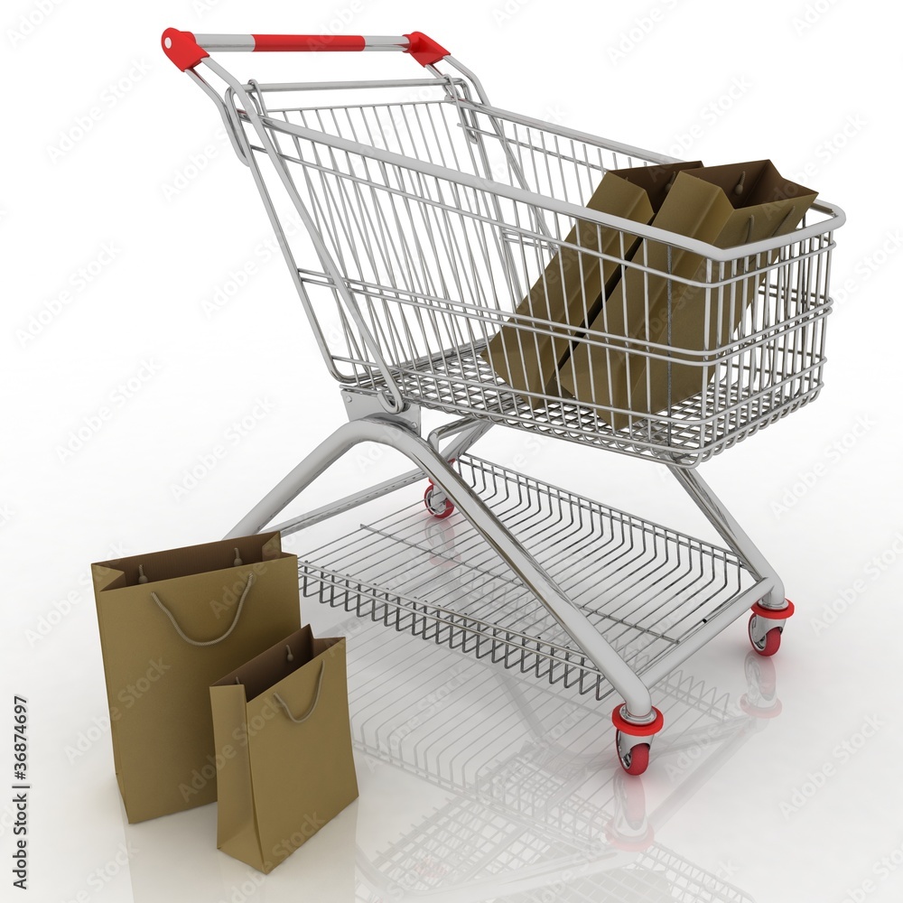 3d render shopping cart and shopping bags
