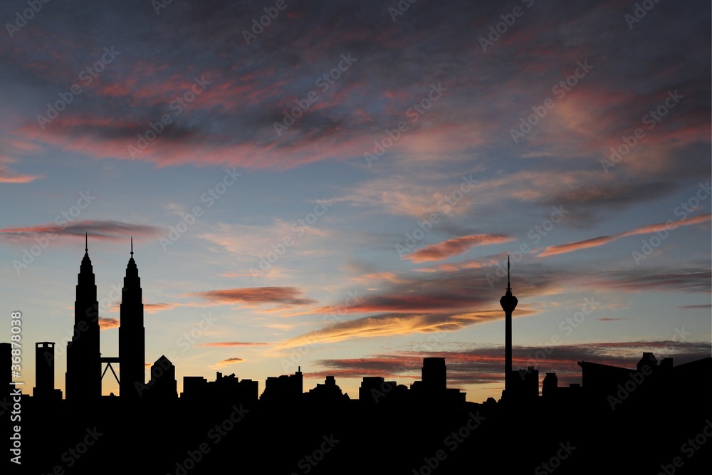 Naklejka premium Kuala Lumpur skyline at sunset illustration