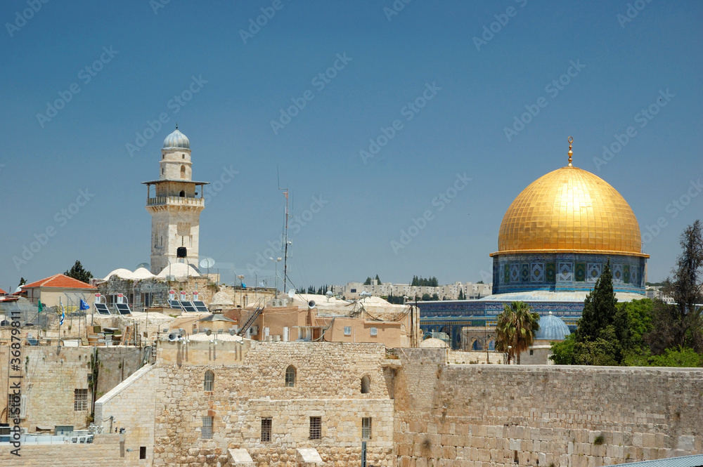 Old Jerusalem view - wailing wall and golden dome of Omar mosque