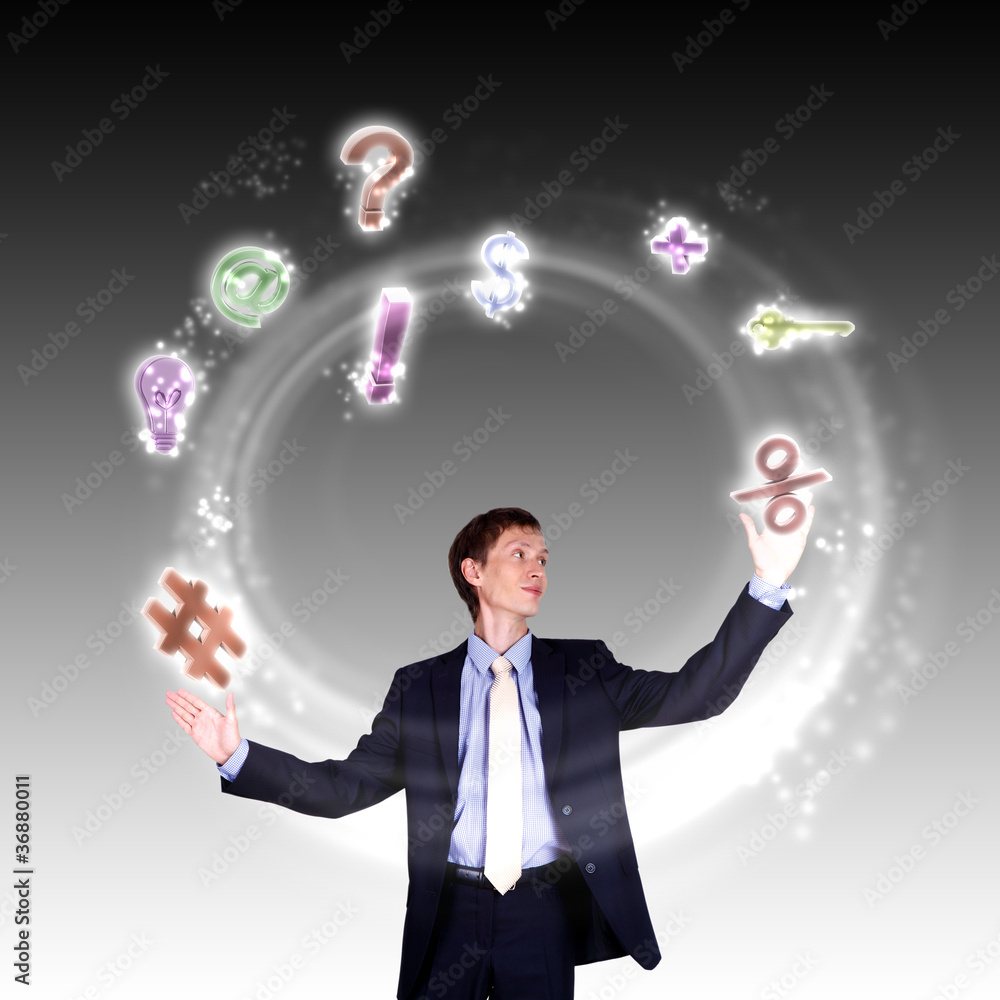 Business man juggling with numbers and symbols Business man juggling with numbers and symbols