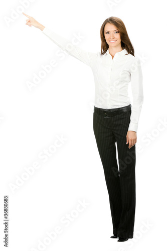 Business woman showing something, isolated