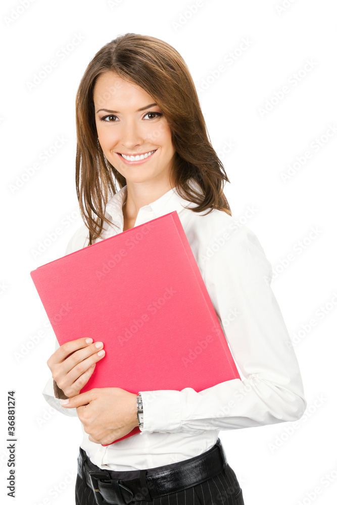 Businesswoman with red folder, isolated Businesswoman with red folder, isolated