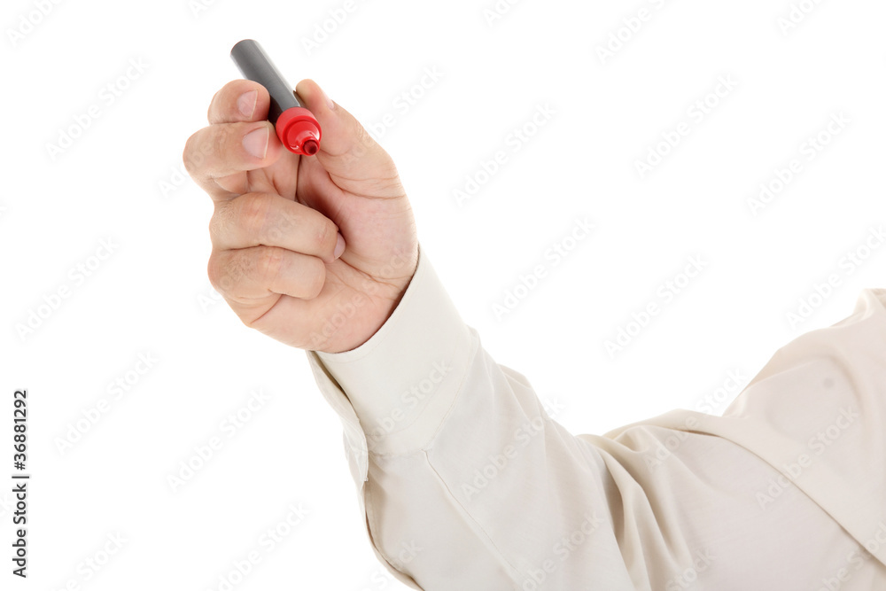 male hand with red marker, isolated on white male hand with red marker, isolated on white