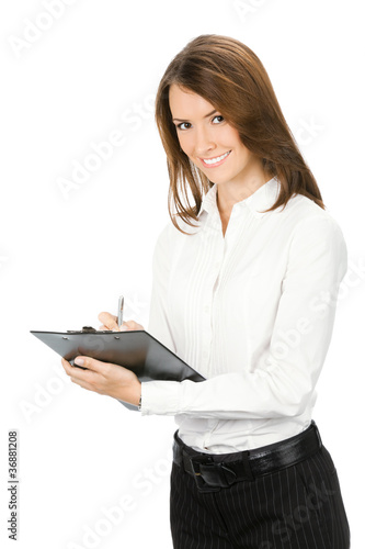 Businesswoman with clipboard writing, isolated
