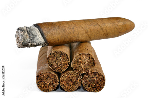 Photography brown cigar burned on white background