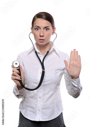 Scared doctor showing stop gesture