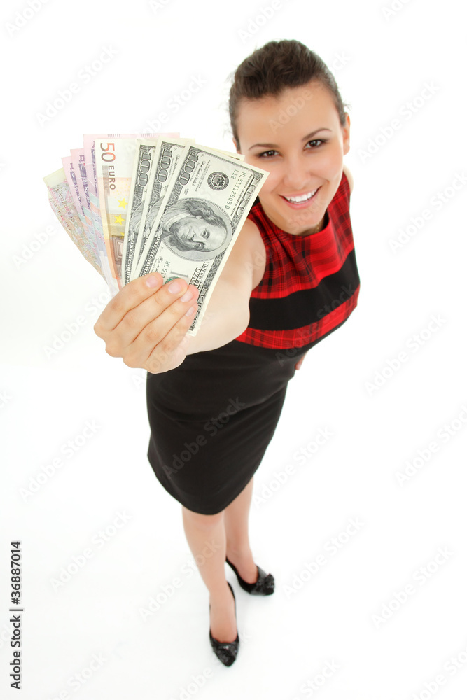businesswoman cheerful holding cash isolated on white businesswoman cheerful holding cash isolated on white