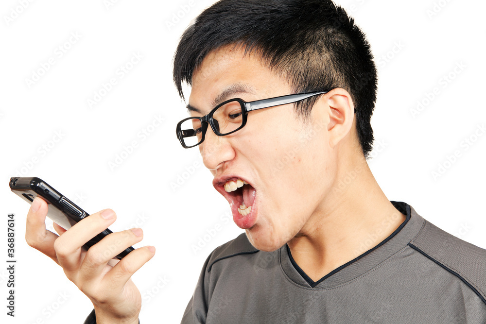 man yells to his phone