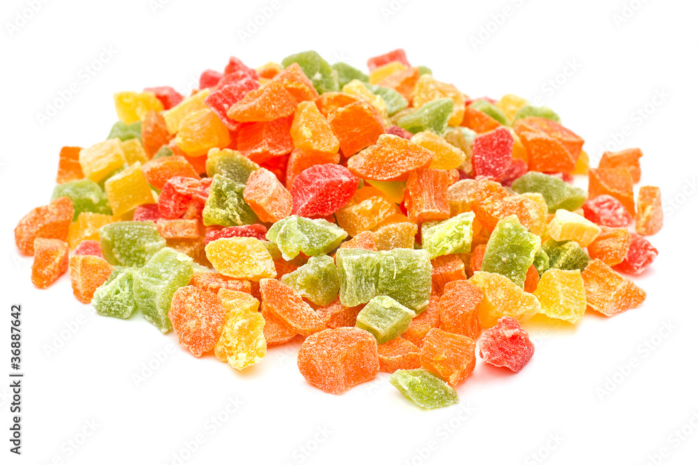 Sweet candied fruits, isolated on white background Sweet candied fruits, isolated on white background