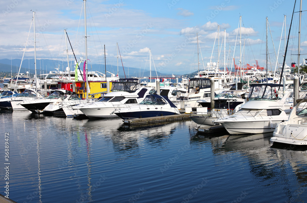 Yachts & sailboats in a marina Vancouver BC. Canada.