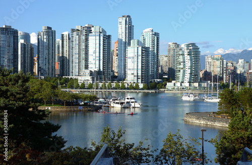 Vancouver BC south waterfront skyline   sailboats.