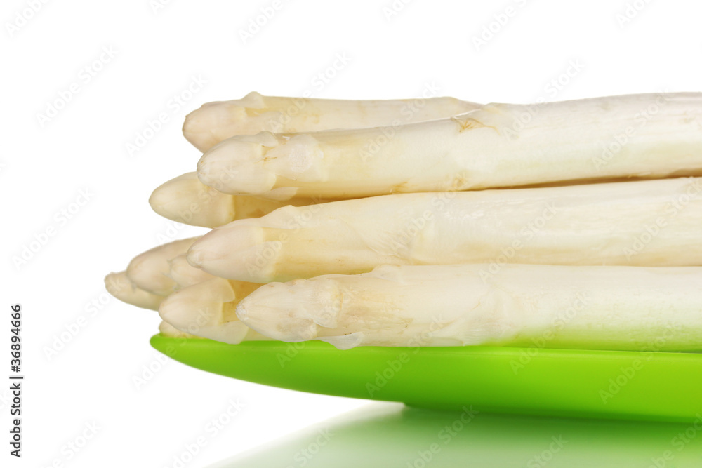 beautiful white asparagus on green plate isolated on white beautiful white asparagus on green plate isolated on white