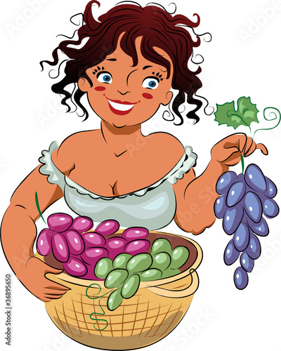 Friendly girl holding a branch of ripe grapes