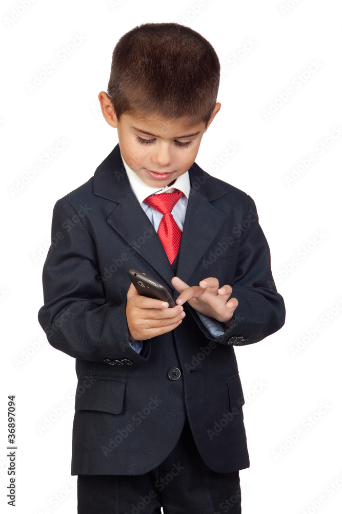 Little businessman sending a message with a mobile phone Little businessman sending a message with a mobile phone