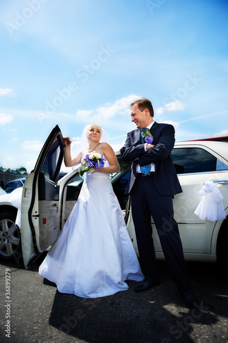 Bride and groom about wedding limousine