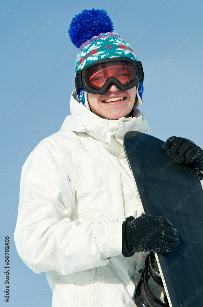 Happy sportsman with snowboards Happy sportsman with snowboards
