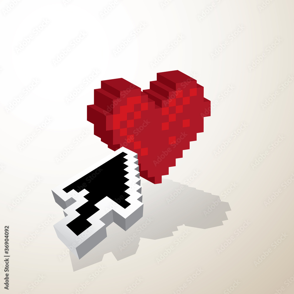 Fototapeta premium 3D Pixel red heart wirh mouse pointer - illustration