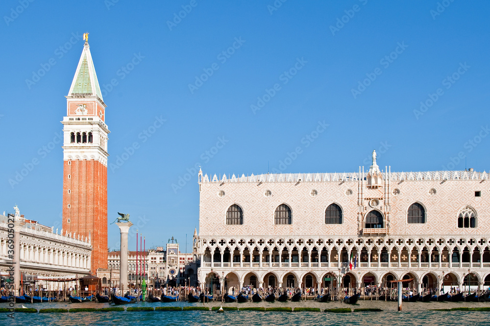 The Doge's Palace and St Mark's Square from the Lagoon. Venice,