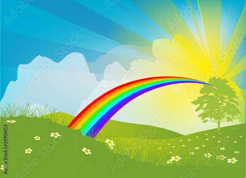 illustration with rainbow in green landscape