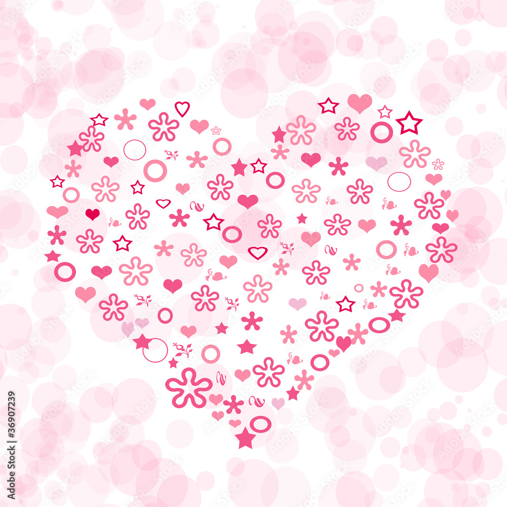 Romantic love background with cute elements in shape of heart
