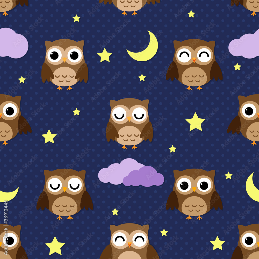 Naklejka premium Owls at night with stars, clouds and moon. Seamless pattern.