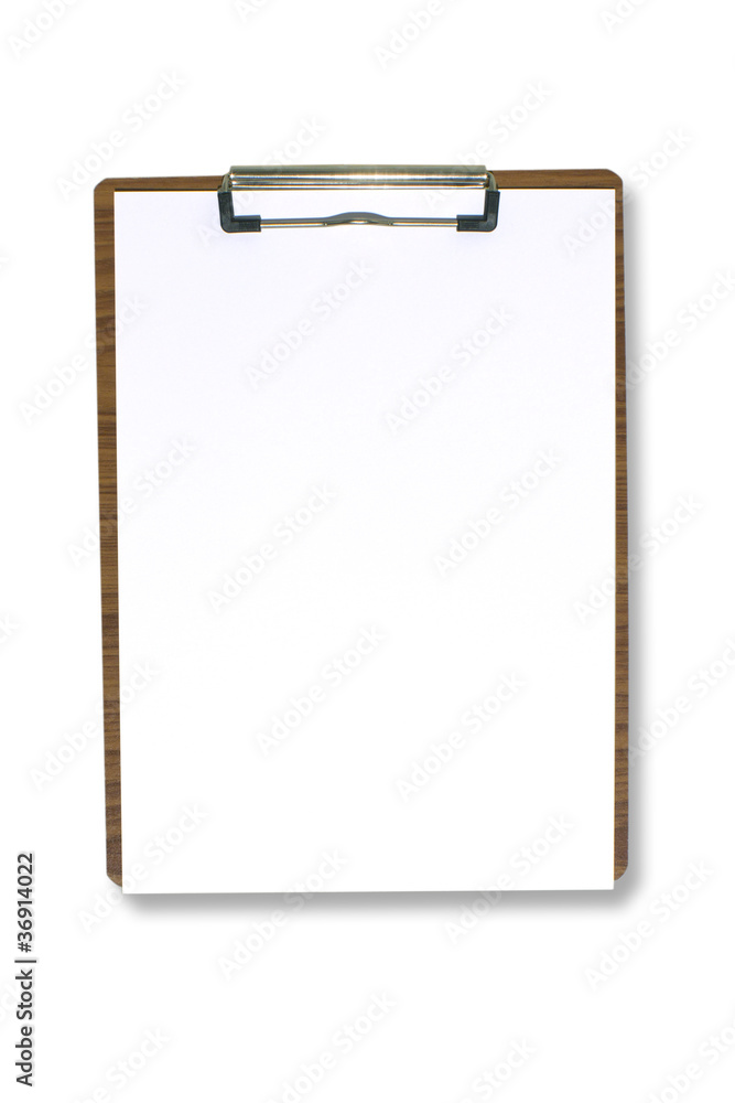 White paper in wood clipboard on white background White paper in wood clipboard on white background
