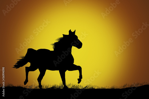 illustration of a horse running on grassland at the sunset