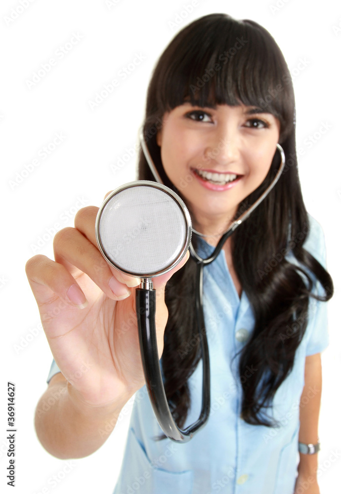Female Medical doctor showing stethoscope Female Medical doctor showing stethoscope