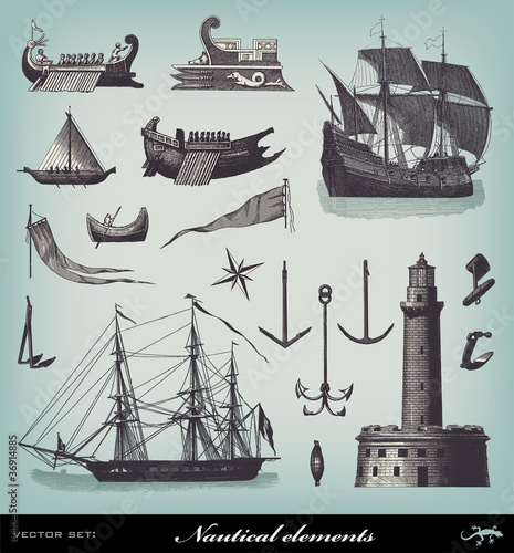 Engraving vintage Nautical set.