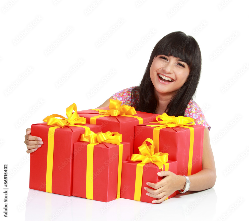 attractive asian woman with a lot of gift boxs attractive asian woman with a lot of gift boxs