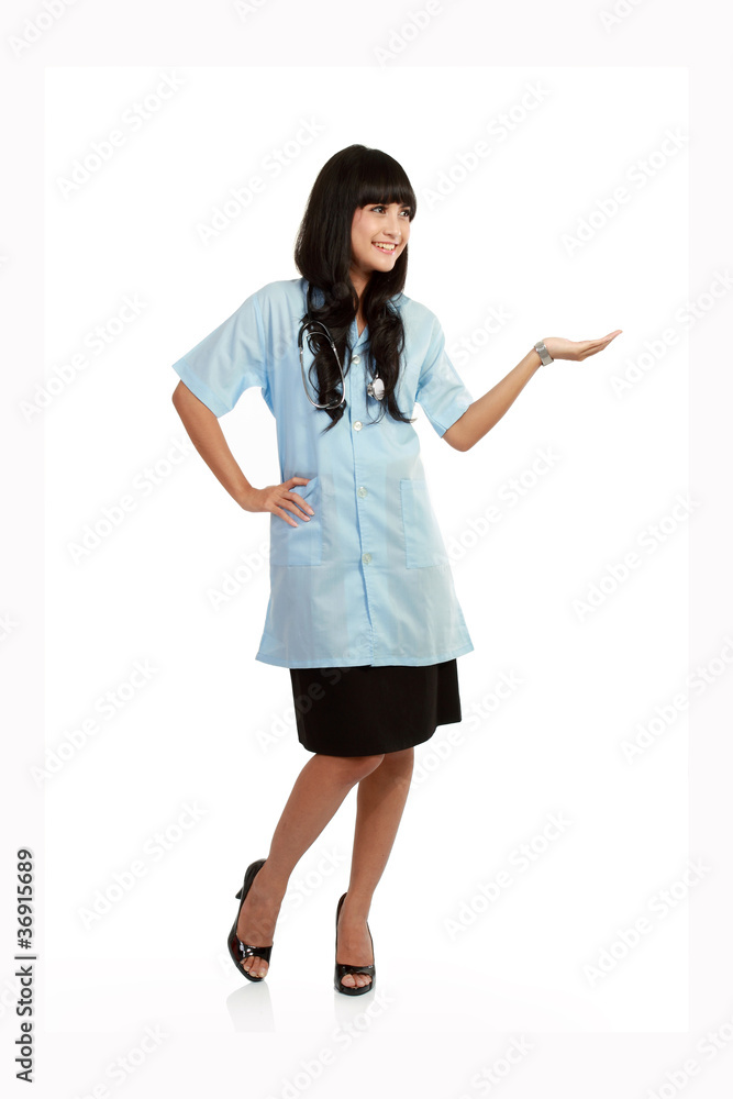smiling nurse presenting empty copy space smiling nurse presenting empty copy space