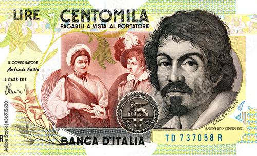 Vintage Italian 100,000 Lire banknote featuring Caravaggio, Bank of Italy.