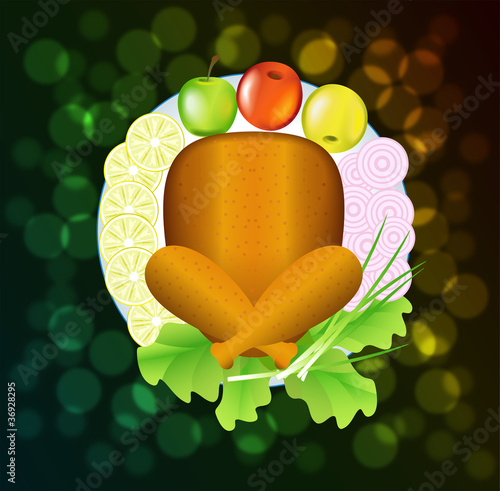 Turkey with fruit and vegetables is on a plate.