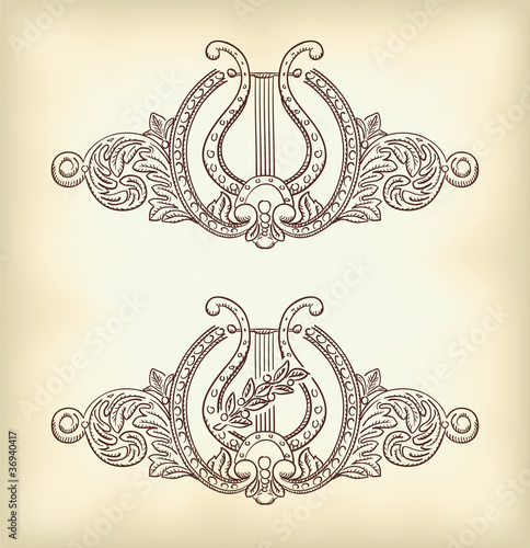 Ancient lyre and decorative elements.