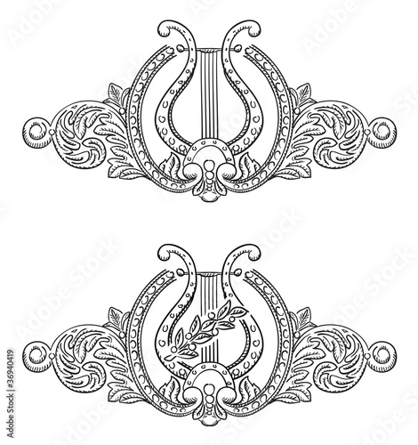 Ancient lyre and decorative elements.
