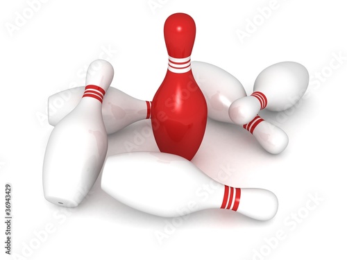 bowling pins with one red unique leader