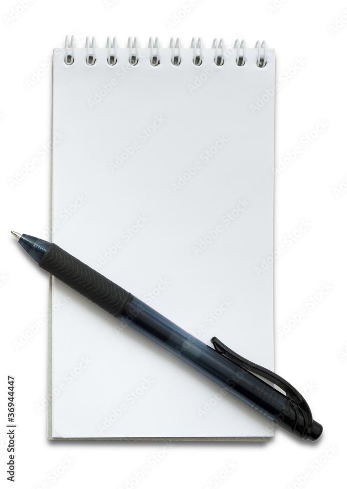 Black pen and small white notebook on white Black pen and small white notebook on white