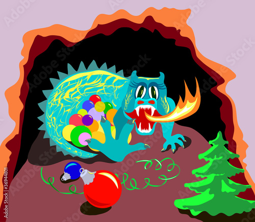 Dragon with fire guards xmas balls in cave