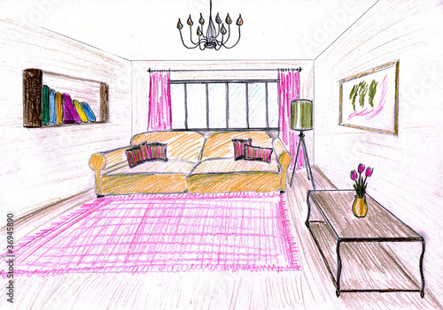 Graphical sketch of an interior apartment, color pancils photo