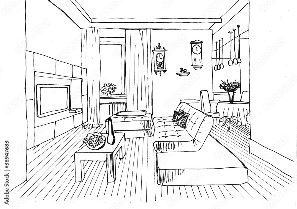 Graphic sketch,  living room