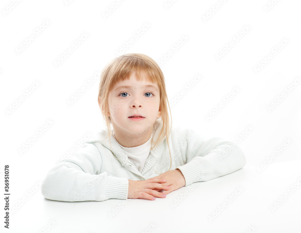 blond kid girl portrait on white desk table blond kid girl portrait on white desk table