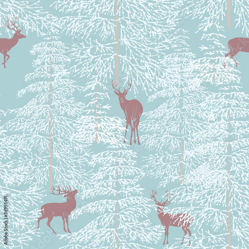 Seamless pattern with winter forest and reindeer