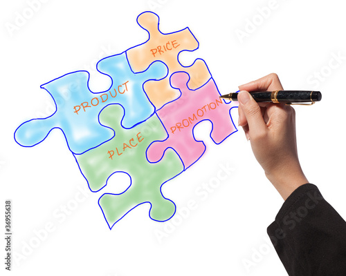 Woman drawing the marketing mix jigsaws for business process