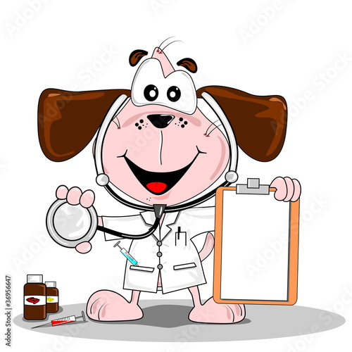 A cartoon dog doctor or vet with stethoscope & blank clipboard