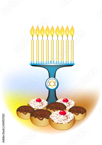 hanuka candles on with jewish traditional cakes