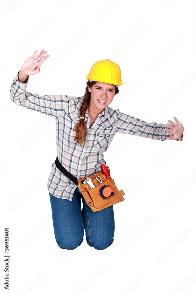 Female builder pretending to be stuck Female builder pretending to be stuck