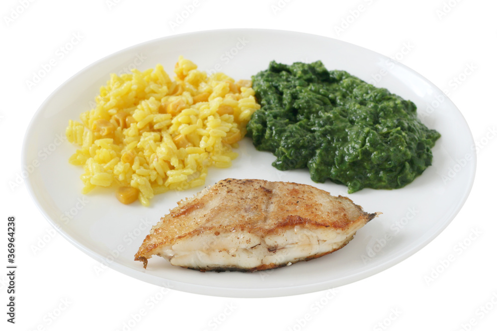 fried fish with rice and spinach fried fish with rice and spinach