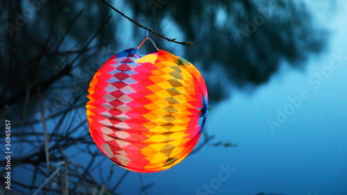 colorful bright paper ball hang on branch above lake photo