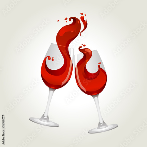 Toasting gesture two red wine glasses with big splash
