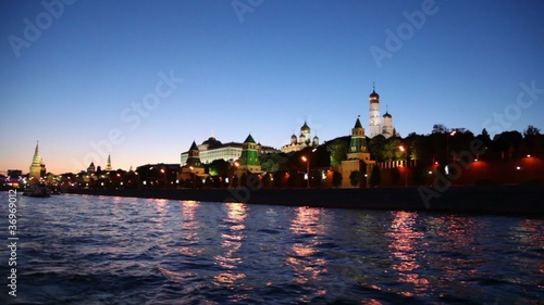 Red brick walls of Kremlin and Ivan Great Bell Tower at night